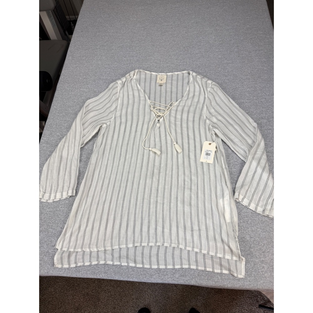 Billabong Blue Skies Lace Up Stripe Tunic Top White Black M MSRP $49